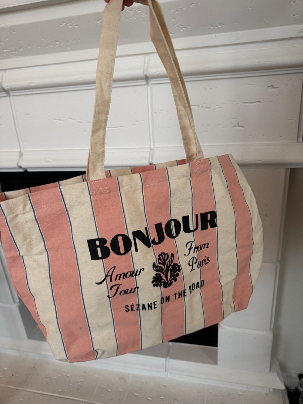 Sézane Pink and Cream Striped Bonjour Amour from Paris Canvas Tote